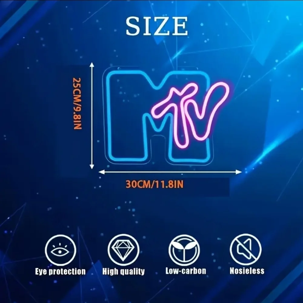 MTV Neon LED Wall Sign Music Television USB Dimmable Light Nostalgic Room Decor